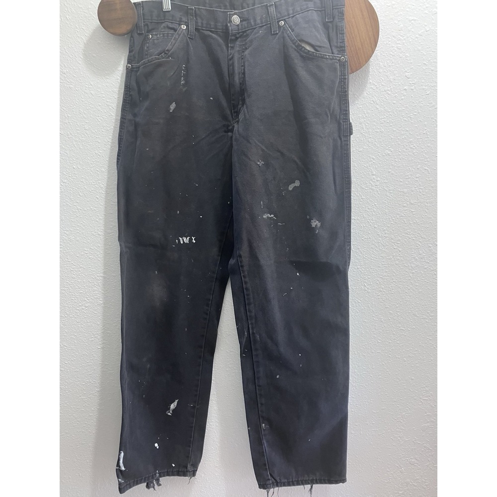 VTG Dickies Cargo Work Pants Black 33x32 Thrashed Paint Splattered Workwear